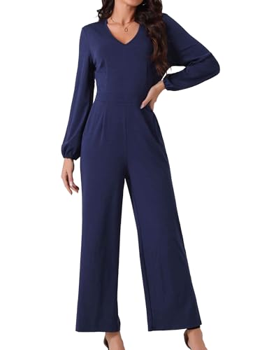 Seta T Damen Jumpsuit V-Ausschnitt langen Ärmeln, hoher Taille, weitem Bein, lässiger Overall mit Taschen Dunkelblau L von Seta T