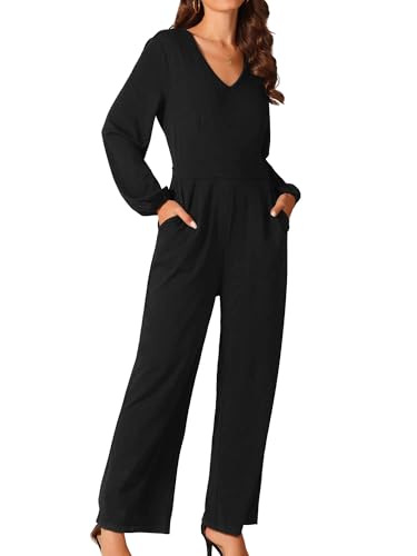 Seta T Damen Jumpsuit V-Ausschnitt langen Ärmeln, hoher Taille, weitem Bein, lässiger Overall mit Taschen Schwarz S von Seta T