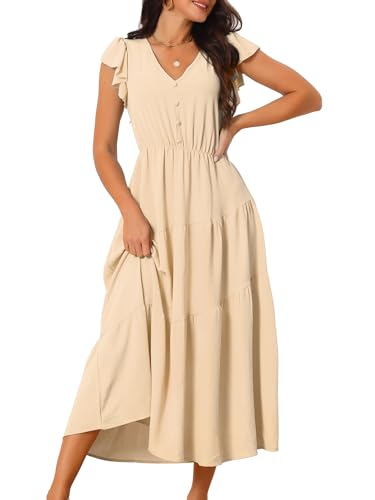 Seta T Damen Kleid Flutter Kurzarm Gestuftes V-Ausschnitt Elastischer Taille Rüschen A-Linie Lang Maxikleid Aprikose L von Seta T