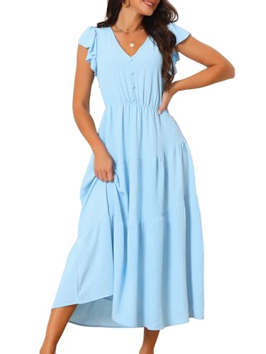 Seta T Damen Kleid Flutter Kurzarm Gestuftes V-Ausschnitt Elastischer Taille Rüschen A-Linie Lang Maxikleid Blau M von Seta T