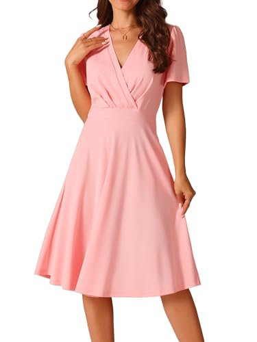 Seta T Damen Kleid Kurzarm Puffärmel V-Ausschnitt Wickelkleid Taschen Swing Knielang Sommerkleid Rosa S von Seta T