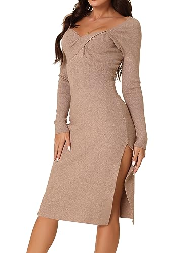 Seta T Damen Kleid Langarm Geripptem Strick Herbst Winter Schlitz Saum Pulloverkleid Khaki XL von Seta T