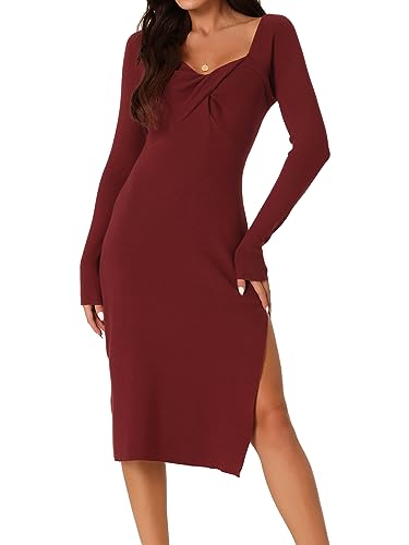 Seta T Damen Kleid Langarm Geripptem Strick Herbst Winter Schlitz Saum Pulloverkleid Weinrot XL von Seta T