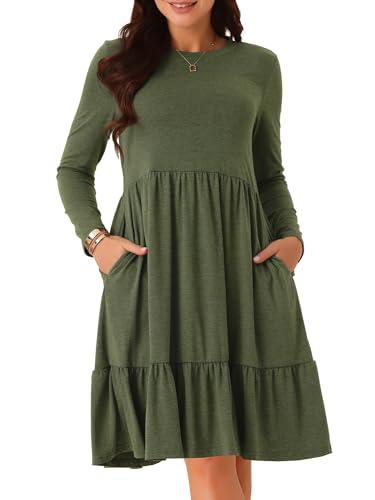 Seta T Damen Kleid Langarm Lässig Babydoll Taschen Rundhalskleid Gestuftes A-Linien Fließend MInikleid Armeegrün XL von Seta T
