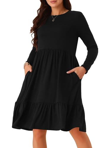 Seta T Damen Kleid Langarm Lässig Babydoll Taschen Rundhalskleid Gestuftes A-Linien Fließend MInikleid Schwarz M von Seta T