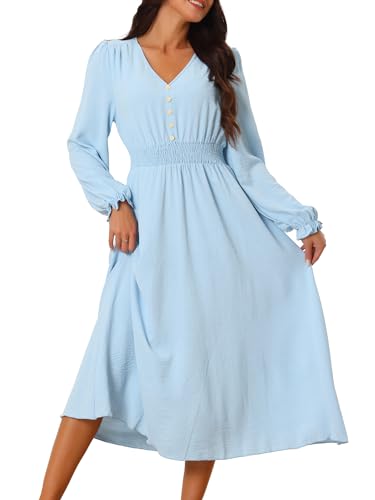 Seta T Damen Kleid Langarm Lässig V-Ausschnitt Vintage-Stil Gesmokte Taille Fließendes Kleider Blau M von Seta T