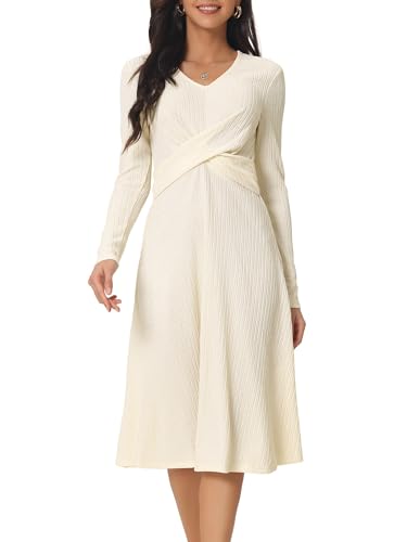 Seta T Damen Kleid Langarm Überkreuzt V-Ausschnitt Strick A-Linie Knielang Minikleid Beige M von Seta T