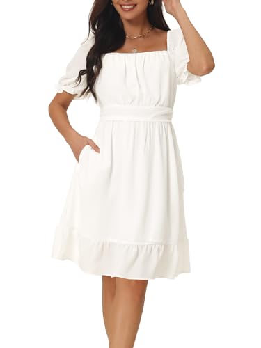 Seta T Damen Kleid Sommerkleider Quadratischer Ausschnitt Puffärmel Rüschen A-Linie Lässig Minikleid Weiß XL von Seta T