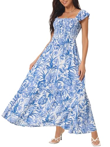 Seta T Damen Kleid Strandkleider Quadratischem Ausschnitt Rüschen Flügelärmeln Blumenmuster Maxi Sommerkleid Blau M von Seta T