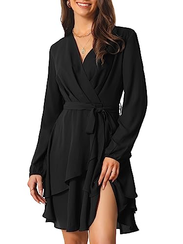 Seta T Damen Kleid Tiefem V-Ausschnitt Langarm Gürtel Mini Skating Fließend A-Linien Minikleid Schwarz XL von Seta T