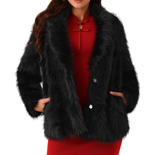Seta T Damen Kunstpelzmantel Langarm Taschen Revers Shaggy Warm Wintermantel Jacke Schwarz M von Seta T