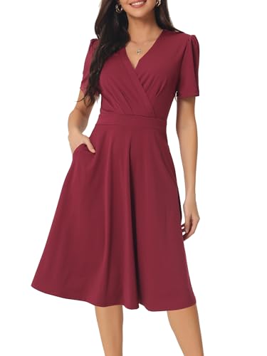 Seta T Damen Kurzarm Kleid Puffärmel V-Ausschnitt Wickelkleid Taschen Swing Sommerkleid Weinrot M von Seta T