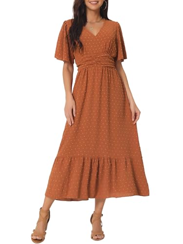 Seta T Damen Kurzarm V-Ausschnitt Sommer Kleid Rüschen Punkte Gestuft Midikleid Strandkleid Karamell L von Seta T
