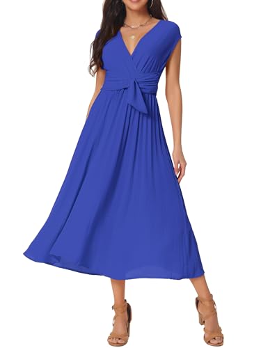 Seta T Damen Lässig Ärmellos Wickelkleid V-Ausschnitt Plissiert Rüschen Gürtel Sommer Midikleid Blau M von Seta T