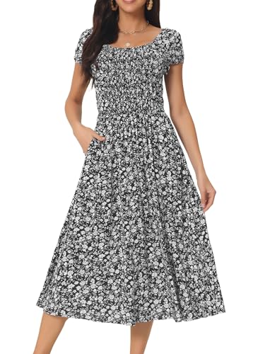 Seta T Damen Lässig Blumenkleid Taschen Rundhalsausschnitt Flügelärmeln Boho Blumen Midi Sommerkleid Schwarz L von Seta T