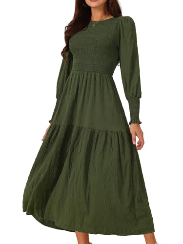 Seta T Damen Lässig Langarmkleid Rundhalsausschnitt Entspannte Passform Gesmokt Gestuft Fließend Maxikleid Armeegrün L von Seta T