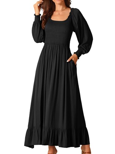 Seta T Damen Lässiges Langarmkleid U-Ausschnitt Gesmoktes Gestuftes Fließendes Tasche Herbstkleid Schwarz L von Seta T