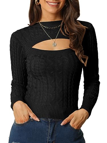 Seta T Damen Langarm Crop Pullover Herbst Winter Cut Outs vorne Zopfmuster Bluse Schwarz S von Seta T