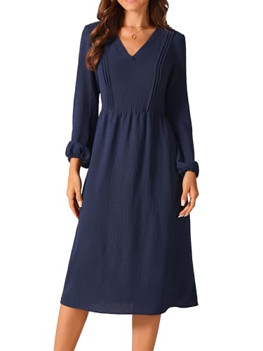 Seta T Damen Langarm Elegant Midikleid Rüschen V-Ausschnitt Legere Passform Ausgestellt A-Linie Kleid Navy blau S von Seta T