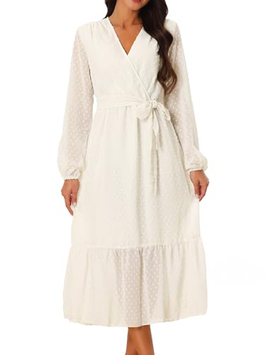 Seta T Damen Langarm Polka Dots V-Ausschnitt Midikleid Hohe Taille Kleid A-Linie Swingkleid Aprikose L von Seta T