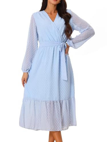 Seta T Damen Langarm Polka Dots V-Ausschnitt Midikleid Hohe Taille Kleid A-Linie Swingkleid Hellblau L von Seta T