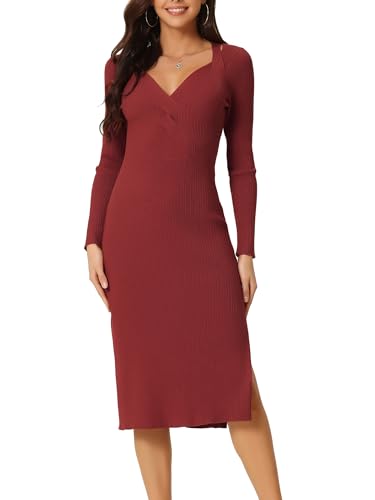 Seta T Damen Langarm Pulloverkleid Herzförmiger Ausschnitt Schmaler Passform Gestricktes Seitenschlitz Kleid Burgunderrot M von Seta T