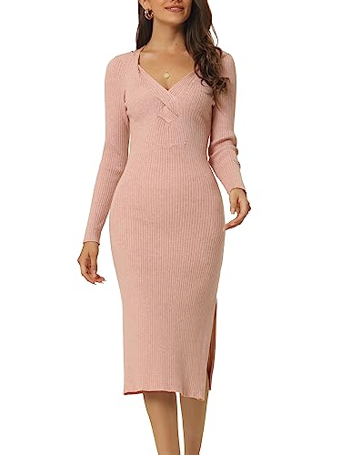 Seta T Damen Langarm Pulloverkleid Herzförmiger Ausschnitt Schmaler Passform Gestricktes Seitenschlitz Kleid Rosa M von Seta T