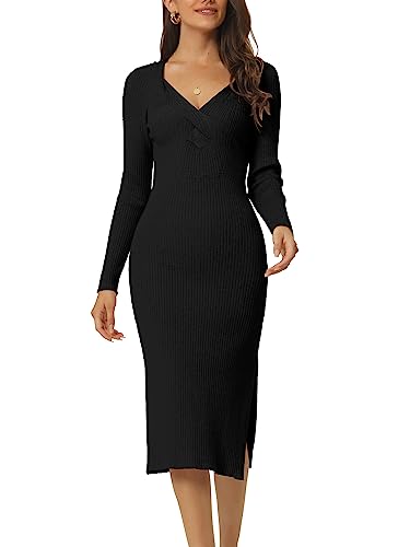 Seta T Damen Langarm Pulloverkleid Herzförmiger Ausschnitt Schmaler Passform Gestricktes Seitenschlitz Kleid Schwarz XL von Seta T