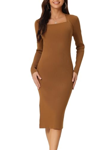 Seta T Damen Langarm Pulloverkleid Quadratischem Ausschnitt Schmaler Passform Figurbetont Schlitz Kleid Braun M von Seta T