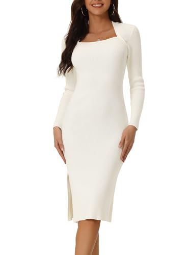 Seta T Damen Langarm Pulloverkleid Quadratischem Ausschnitt Schmaler Passform Figurbetont Schlitz Kleid Weiß M von Seta T