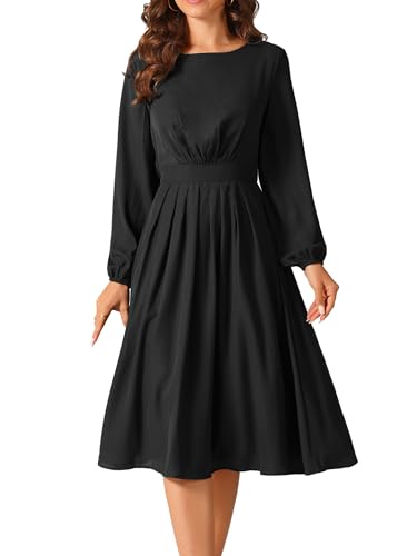 Seta T Damen Langarm Rundhalsausschnitt Freizeitkleid Hohe Taille Plissiert A-Linie Fließende Kleid Schwarz M von Seta T