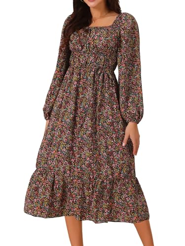 Seta T Damen Lange Ärmel Boho-Kleid Quadratischer Ausschnitt Blumenmuster Urlaub Lässig Midi Kleid Schwarz XL von Seta T