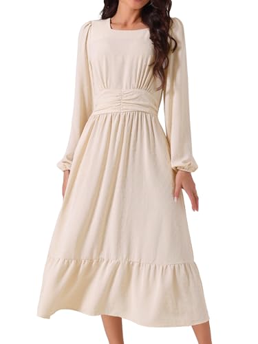 Seta T Damen Lange Ärmel Punkte Maxikleid Quadratischer Ausschnitt Hoher Taille A-Linie Rüschen Gestuft Kleid Aprikose XL von Seta T