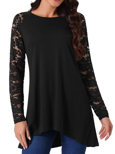 Seta T Damen Lange Ärmel Rundhalsausschnitt Spitze Bluse Asymmetrischer Unregelmäßiger Saum Lang Oberteil Schwarz XL von Seta T