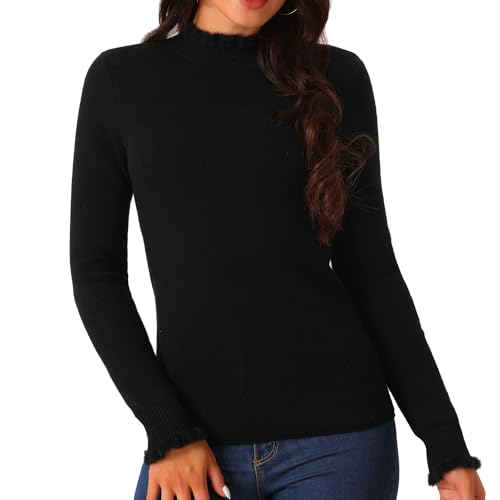 Seta T Damen Lange Ärmel Stehkragen Pullover Rüschen Manschette Schmale Passform Herbst Winter Lässig Bluse Schwarz XL von Seta T