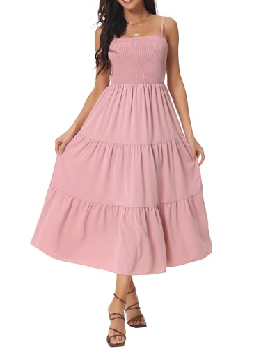 Seta T Damen Maxikleid Spaghettiträger Kleid Gesmokt Lässig Ärmellos Strand Sommerkleid Rosa L von Seta T