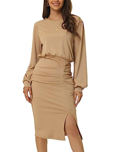 Seta T Damen Midikleid Gerüschten Seitenschlitzen Laternenärmeln Schmale Passform Gerippter Strick Figurbetont Kleid Aprikose M von Seta T