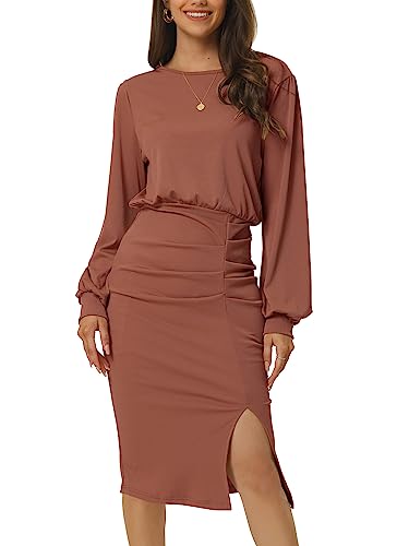 Seta T Damen Midikleid Gerüschten Seitenschlitzen Laternenärmeln Schmale Passform Gerippter Strick Figurbetont Kleid Braun L von Seta T