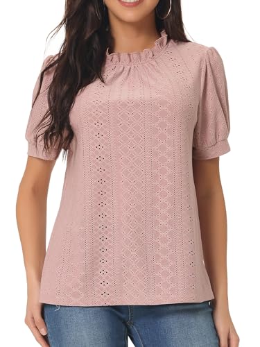 Seta T Damen Oberteil Puffärmeln Knopfleiste Elegant Lässig Rüschenhalsbluse Sommer T-Shirts Altrosa XL von Seta T