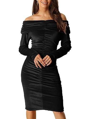 Seta T Damen Off Shoulder Gerafft Figurbetont Party Cocktail Samt Minikleid Velvet Kleid Schwarz L von Seta T