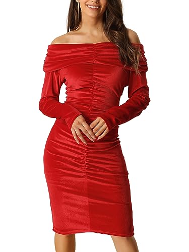Seta T Damen Off Shoulder Gerafft Figurbetont Party Cocktail Samt Minikleid Velvet Kleid Weinrot M von Seta T