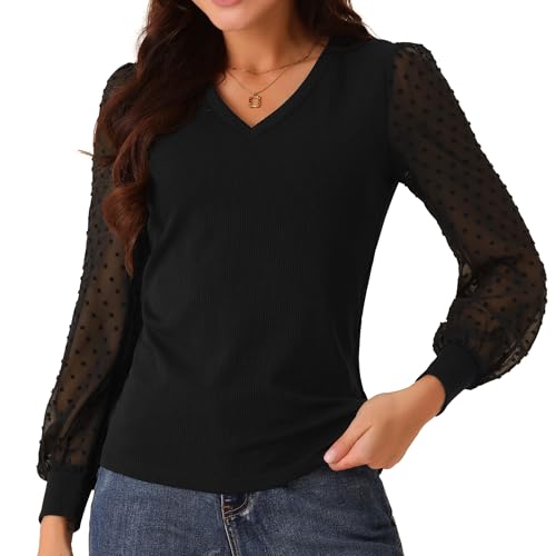 Seta T Damen Polka Dots Bluse Elegant Casual V-Ausschnitt Top Punkte Langarmshirt Schwarz M von Seta T