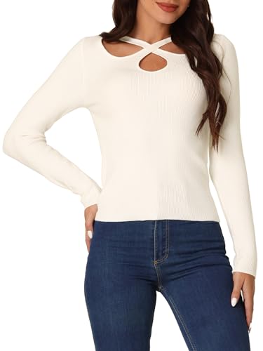 Seta T Damen Pullover Herbst Winter Langarm Überkreuzt Ausschnitten Vorderseit Gerippt Strickoberteile Weiß M von Seta T