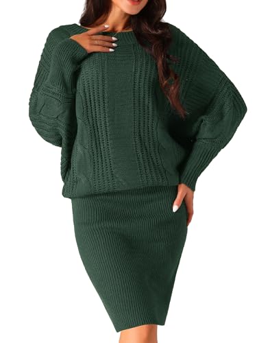 Seta T Damen Pulloverkleid Lang Fledermausärmeln Zopfmuster Grob Gestrickt Pulloverkleider Dunkelgrün L von Seta T