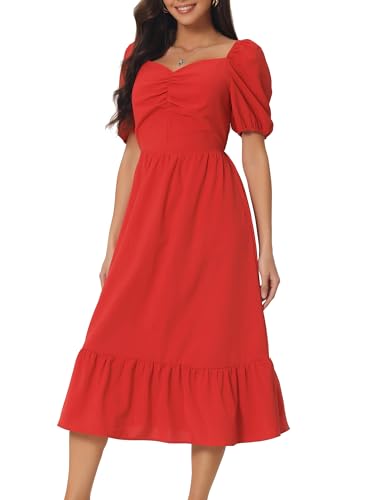 Seta T Damen Quadratischer Ausschnitt Puffärmel Strand Sommerkleider Lässiges Gesmoktes Rücken Midikleid rot M von Seta T