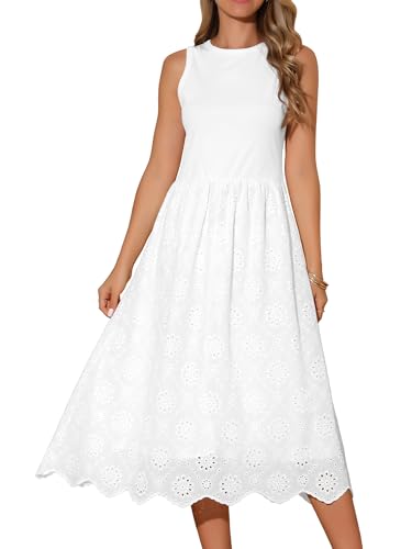 Seta T Damen Sommer Blumen Kleid Ärmellos A-Linie Midikleid Rundhals Casual Urlaubskleid Weiß XL von Seta T