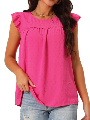 Seta T Damen Sommer Rundhalsausschnitt Rüschen Ärmellose Bluse Dots Freizeithemd Tunika Tops Pink XS von Seta T