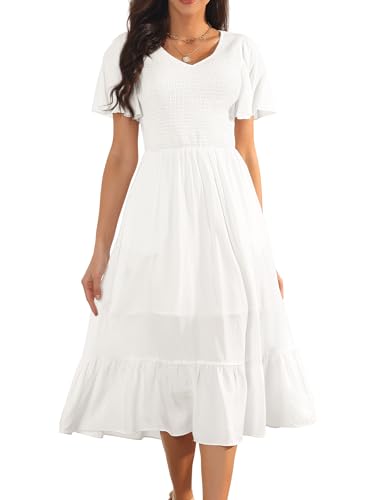 Seta T Damen Sommerkleid Lässig V-Ausschnitt Rüschenärmel Gesmokt Taschen Hohe Taille Midikleid Weiß M von Seta T
