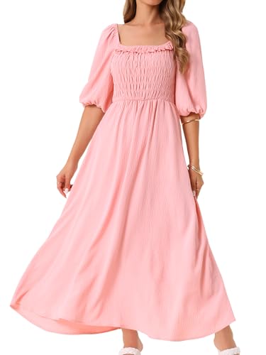 Seta T Damen Sommerkleider Lässig Puffärmel Quadratischer Ausschnitt Gesmokt Fließendes Midikleid mit Taschen Rosa XL von Seta T