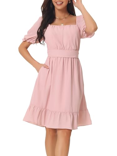 Seta T Damen Kleid Sommerkleider Quadratischer Ausschnitt Puffärmel Rüschen A-Linie Lässig Minikleid Rosa M von Seta T